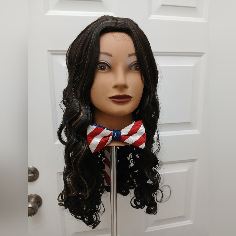 Dark Brown Curly Q Ringlet Curl  Caramel Highlights Synthetic Hair Wig 22in Long